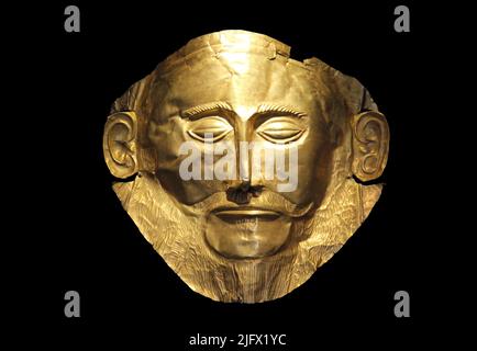 Gold death-mask known as 'Mask of Agamemnon,' Mycenae, 16th cent. BC. Greek Prehistory, National Museum of Archaeology, Athens, Greece. Stock Photo