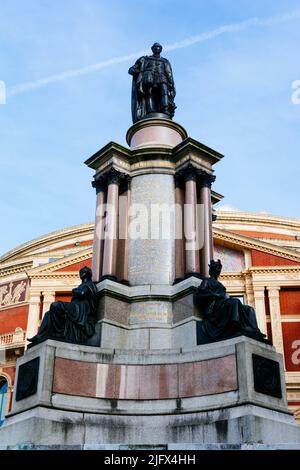 Memorial to the Great Exhibition as seen from Prince Consort Road, in the background the Royal Albert Hall. South Kensington, London, United Kindom, E Stock Photo