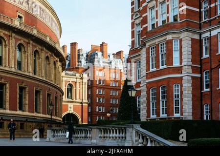 The mansion block Albert Court and The Royal Albert Hall. South Kensington, London, United Kindom, Europe Stock Photo