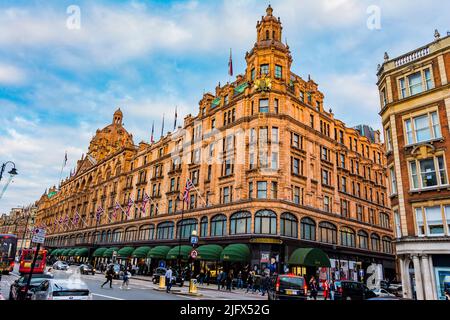 Brompton Road and Harrods. Harrods Limited is a department store located on Brompton Road in Knightsbridge. It is owned by the state of Qatar via its Stock Photo
