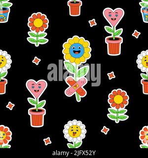 Floral retro seamless pattern with groovy elements. Stickers cartoon characters with faces funky flower power with patch, daisy flowers, flower pot wi Stock Vector