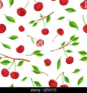 Shiny ripe cherries, separate and on branches. Summertime fresh berries. Natural food. Seamless pattern on white background Stock Vector