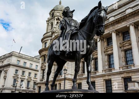 Equestrian statue of Prince George, Duke of Cambridge. It was created by the sculptor Alfred Adrian Jones. Whitehall, Westminster, London,England, UK, Stock Photo