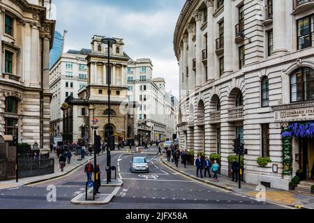 Lombard Street from Bank junction. Lombard Street is a street notable for its connections with the City of London's merchant, banking and insurance in Stock Photo