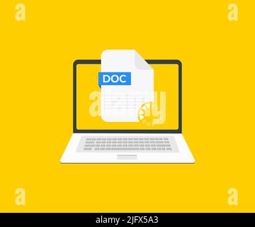 Laptop and download DOC file logo design. DOC files document, format vector design and illustration. Stock Vector