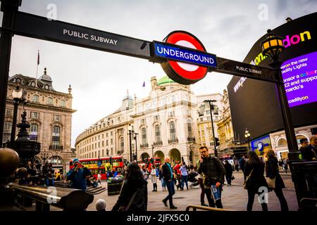 Picadilly Circus, London Underground Station. Piccadilly Circus is a road junction and public space of London's West End in the City of Westminster. I Stock Photo