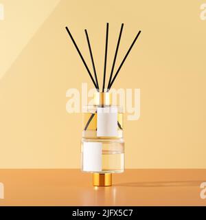 The concept of a home comfort, decoration and aromatherapy. Scented arroma diffuser with essential oil on the beige background. Creative trendy image Stock Photo