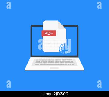 Laptop and download PDF file, Pdf document note icon logo design. Downloading concepts. Pdf notepad document business concept. vector design. Stock Vector