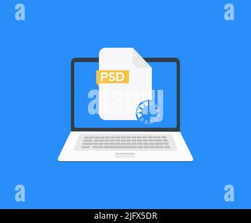 Laptop and download PSD file logo design. Download psd button vector design and illustration. Stock Vector
