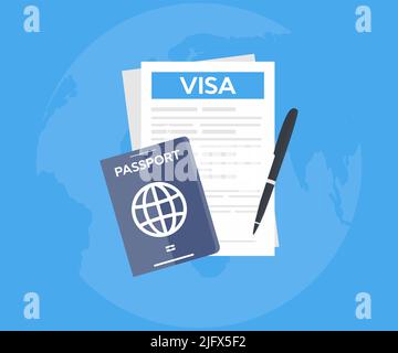 Visa application logo design. Clipboard with visa application form, passport, pin map, pen and laptop. World travel, tourism, holidays concepts vector Stock Vector