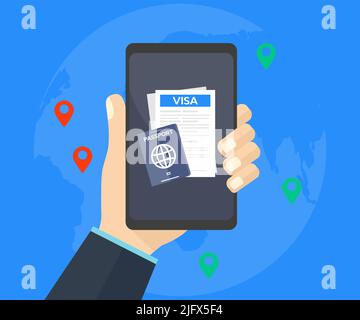 Visa application on smartphone screen logo design. Clipboard with visa application form, passport, pin map, pen and laptop. World travel, tourism. Stock Vector