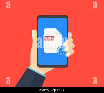 Smartphone and download file logo design. Hand holds smartphone, finger touches screen. Read, download, view PDF on phone, mobile device vector design Stock Vector