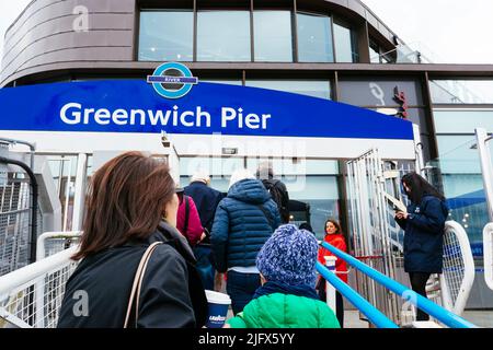 Greenwich Pier is on the south bank of the River Thames in Greenwich, London. It was built in 1836 to cater for the many paddle steamers that brought Stock Photo