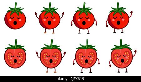 Cute kawaii style tomato icon, eyes closed, mouth open. Version with hands raised, down and waving Stock Vector