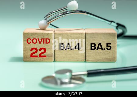 note on wooden blocks Covid 22 and NA.4 and BA.5. Scientific symbols of the coronavirus evolved from the omicron. The concept of the spread of new mut Stock Photo