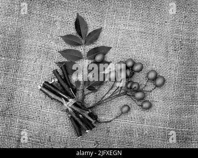 Neem Leaves, Fruits, And Stems On Jute Fabric Background. Medicinal ...