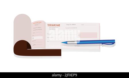 Brown cheque book with blue pen in white background Stock Photo