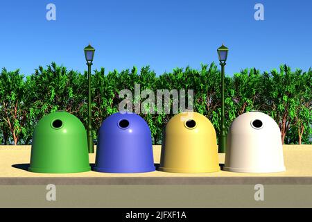 Recicle bins with trees and light street. 3D Illustration Stock Photo