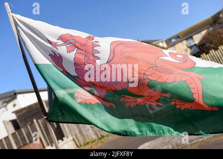 Welsh flag flying in wind Stock Photo