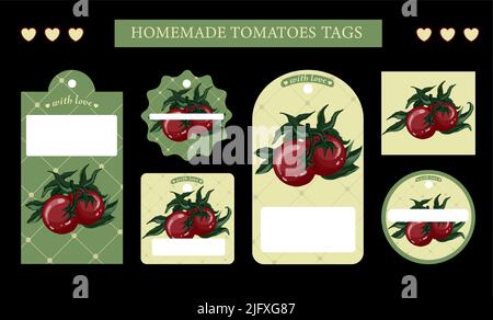 labels for pickled tomatoes.Cute tags for jars with homemade preserves. Homemade pickles. Farm products. Ecological food. Tomatoes. Stock Vector