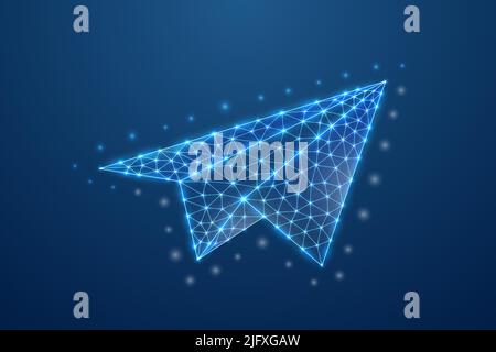 Paper airplane 3d symbol in blue low poly style. Travel, freedom, aviation design concept vector illustration. Tourism airline polygonal wireframe. Stock Vector