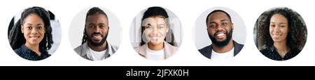 Collage of a happy positive african american people, men and curly haired women, looking at the camera with candid friendly smiling. Faces of dark skinned successful confident people Stock Photo