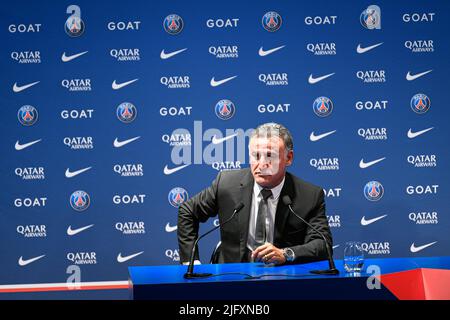 Paris, France. 05th July, 2022. French coach Christophe Galtier attends a press conference after he was appointed as French L1 football club Paris Saint-Germain's (PSG) head coach, at the Parc des Princes stadium in Paris, France on July 5, 2022. Credit: Victor Joly/Alamy Live News Stock Photo