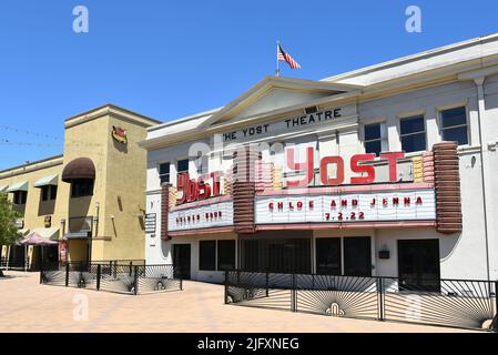 SANTA ANA, CALIFORNIA - 4 JUL 2022: The historic Yost Theatre, the oldest theater in Orange County, in Plaza de Santa Ana. Stock Photo