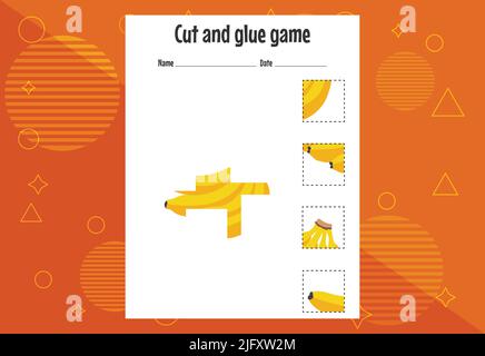 Cut and glue game for kids with fruits. Cutting practice for preschoolers. Education page Stock Vector