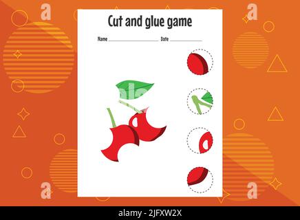 Cut and glue game for kids with fruits. Cutting practice for preschoolers. Education page Stock Vector