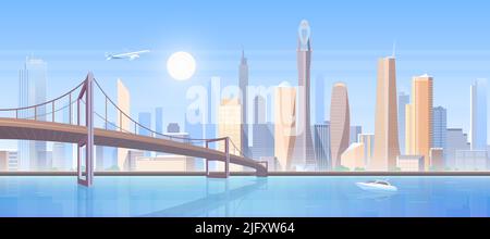 Futuristic skyline of modern city vector illustration. Cartoon metropolis cityscape with infrastructure, highway on bridge over river or bay, airplane flying over buildings panorama background Stock Vector