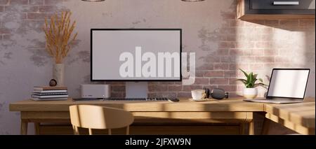 Comfortable vintage workplace interior design with blank PC desktop computer mockup, laptop mockup and accessories on wood table against the grunge br Stock Photo