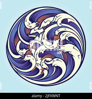 Summer tropical beach wave ornate vector illustrations for your work logo, merchandise t-shirt, stickers and label designs, poster, greeting cards Stock Vector