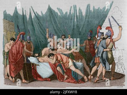 Viriathus (d. 139 BC). Leader of the Lusitanian people who fought against Roman expansion in Hispania in the mid-2nd century BC. Death of Viriathus. Engraving by Vallejo. Later colouration. Historia General de España by Father Mariana. Madrid, 1852. Author: Spanish artist. José Vallejo (1821-1882).