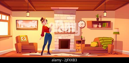 Woman in living room in rustic style with fireplace and vintage furniture. Vector cartoon illustration of cozy house interior with sofa, chair, carpet on floor and girl with hairband waving hand Stock Vector