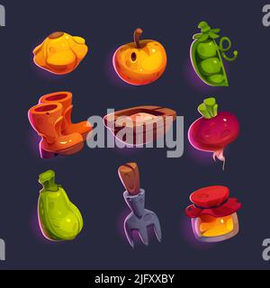 Set of game icons, gardening and farm cartoon elements. Vector apple and squash, green peas and beet, wooden trough and pitchfork, rubber boots, zucchini, honey in jar isolated on dark background Stock Vector