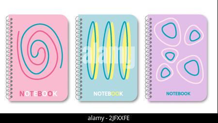 Modern contemporary covers with shadow set. For books design, brochures, notebooks, planners and catalogs. Spiral, rounds with line unusual shapes in different colors. Vector illustration. Stock Vector