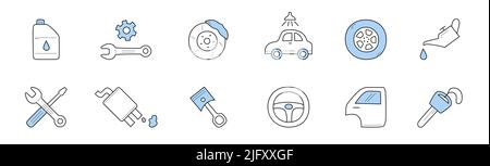 Car service doodle icons, vector signs wrench and wheels. Auto steering wheel and key, fuel station, lubricator with oil and gears. Disk with brake pad and piston, engine line art Stock Vector