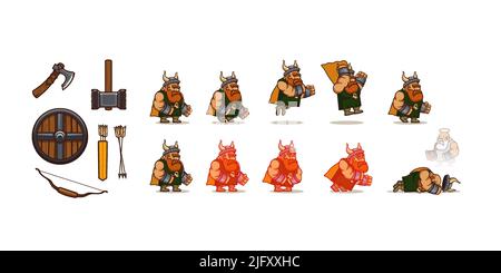 Game weapon icons and viking character jump and die cycle sequence. Vector cartoon set of shield, bow, arrows, axe and hammer. Animation sprite sheet of man warrior motion Stock Vector