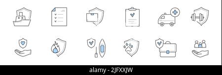 Insurance service doodle icons. Vector signs health, life property protection. Hand with shield, pet and family protection. Policy document, ship and ambulance, briefcase and fire vector illustrations Stock Vector
