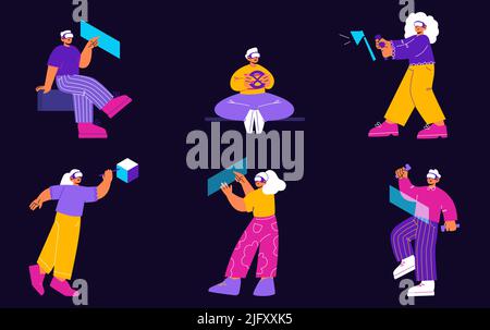 People use virtual reality glasses for games and education. Vector flat illustration of augmented reality, metaverse with man and woman in vr headset play videogame, study to drive car, draw Stock Vector
