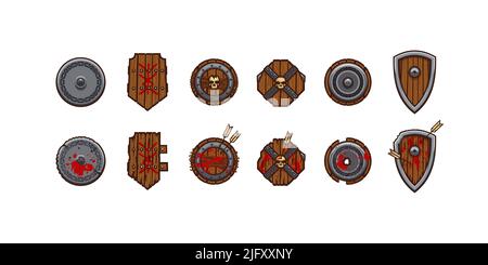 Shields fantasy viking or knight battle arms. Game icons set, cartoon wooden or metal medieval warrior armor with blood spots, signs and arrows, isolated inventory 2d ui objects, Vector illustration Stock Vector