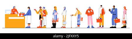 Different people in long queue in supermarket. Vector flat illustration of multiracial group, men and women, elder person with cane and students with baskets stand in line to checkout with cashier Stock Vector