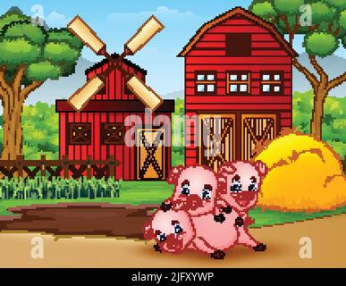 Three little pigs are playing at the farm Stock Vector