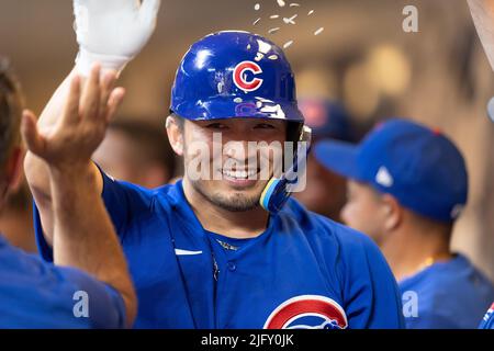 July 5, 2022: Chicago Cubs right fielder Seiya Suzuki #27 hugs Chicago Cubs  center fielder Christopher Morel #5 after hitting a two-run home run in the  fifth inning during MLB game between