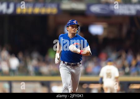 July 5, 2022: Chicago Cubs right fielder Seiya Suzuki #27 hits a two-run  home run in the fifth inning during MLB game between the Chicago Cubs and  the Milwaukee Brewers at American