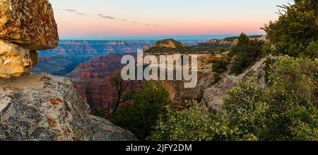 Sunset Across The Canyon From Bright Angel Point, North Rim, Grand Canyon National Park, Arizona, USA Stock Photo