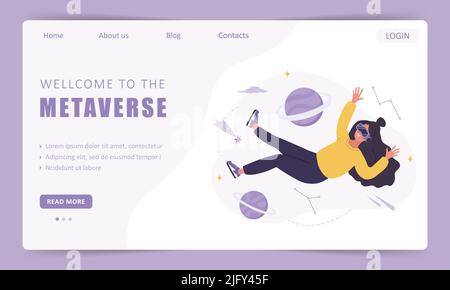Metaverse landing page template. Woman wearing VR glasses flying in outer space. Modern technological entertainment. Vector illustration in flat Stock Vector