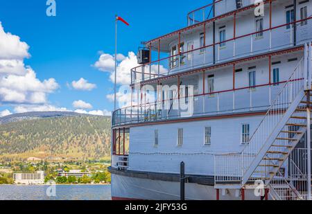 Boats and ships at the Sternwheeler SS Sicamous Heritage Park located at Okanagan Lake in Penticton British Columbia, Canada on summer sunny day-June Stock Photo