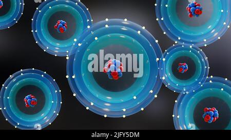 Atom anatomy, Atomic model or structure, electrons orbiting the nucleus particles, Single atom and its electron cloud. Quantum mechanics and atomic, N Stock Photo